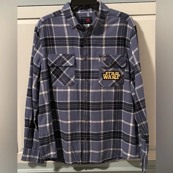 Upcycled REBELS USE THE FORCE Star Wars Tee On Perry Ellis Flannel Shirt Size L - Picture 2 of 6